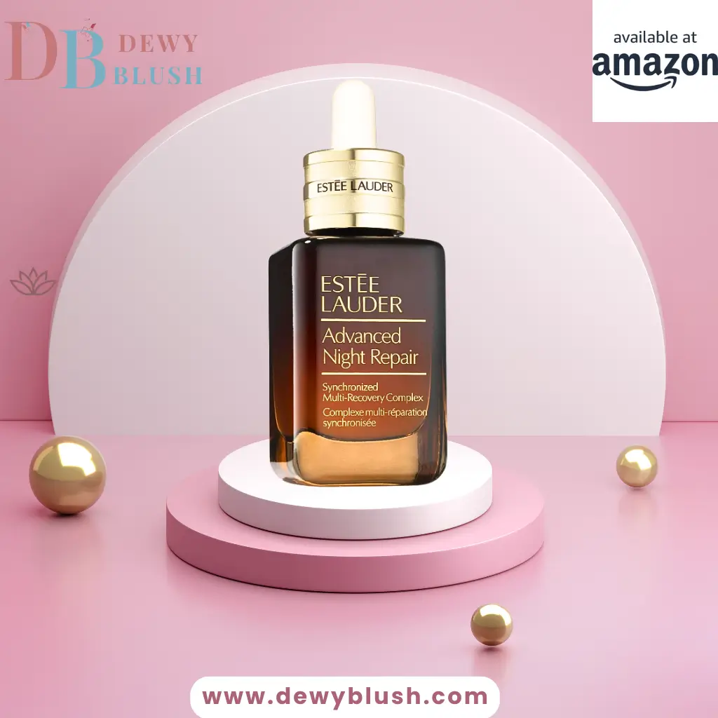Estee Lauder Advanced Night Repair serum on a stylish stand, featuring synchronized recovery complex, available at Amazon.