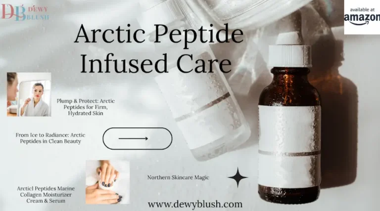 Arctic Peptides Infused Care product with bottles, showcasing plump & protect benefits, hydrated skin, and northern skincare magic. Available at Amazon and dewyblush.com.