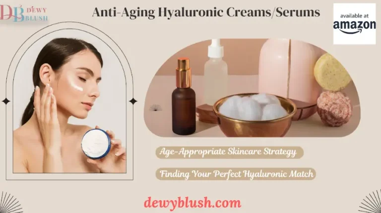 Best hyaluronic acid cream for anti-aging skincare with serums, featuring a woman applying cream and products available on Amazon