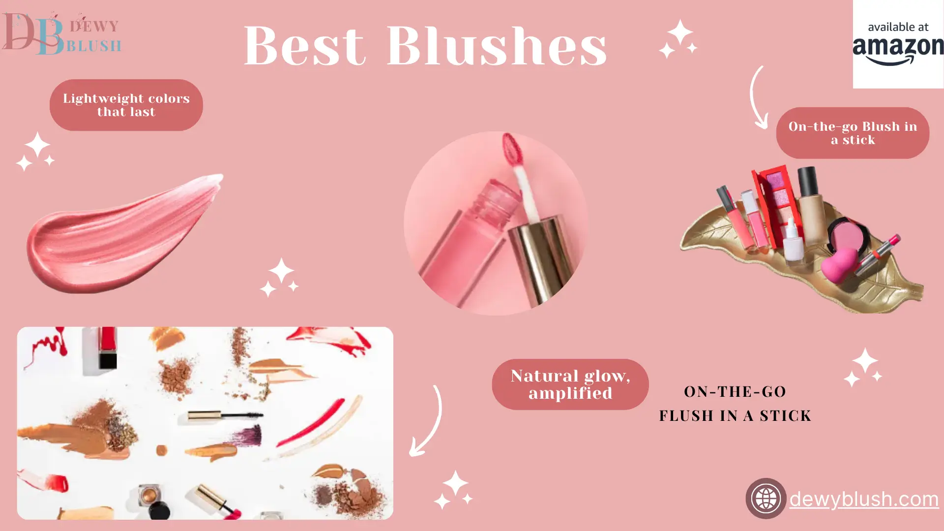 Best Blushes - Lightweight colors that last with a natural glow, featuring on-the-go blush in a stick. Available at Amazon.