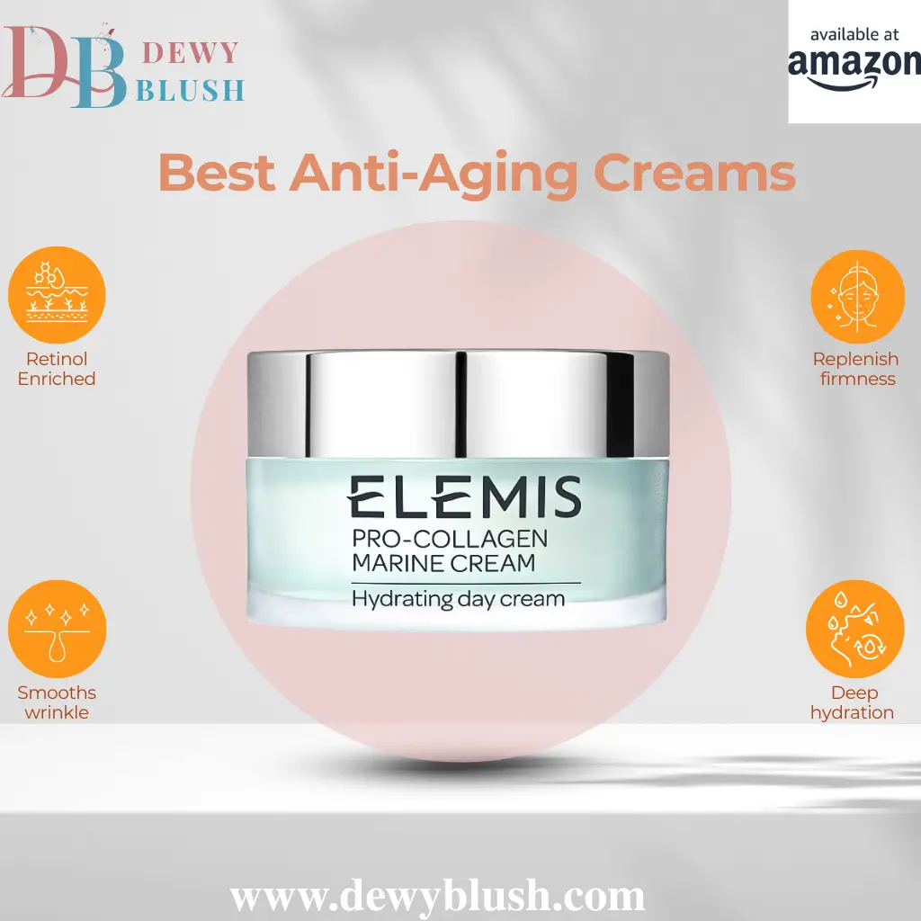 Elemis Pro-Collagen Marine Cream by Dewy Blush, featuring Retinol Enriched, Smooths Wrinkles, Replenish Firmness, and Deep Hydration, available on Amazon.