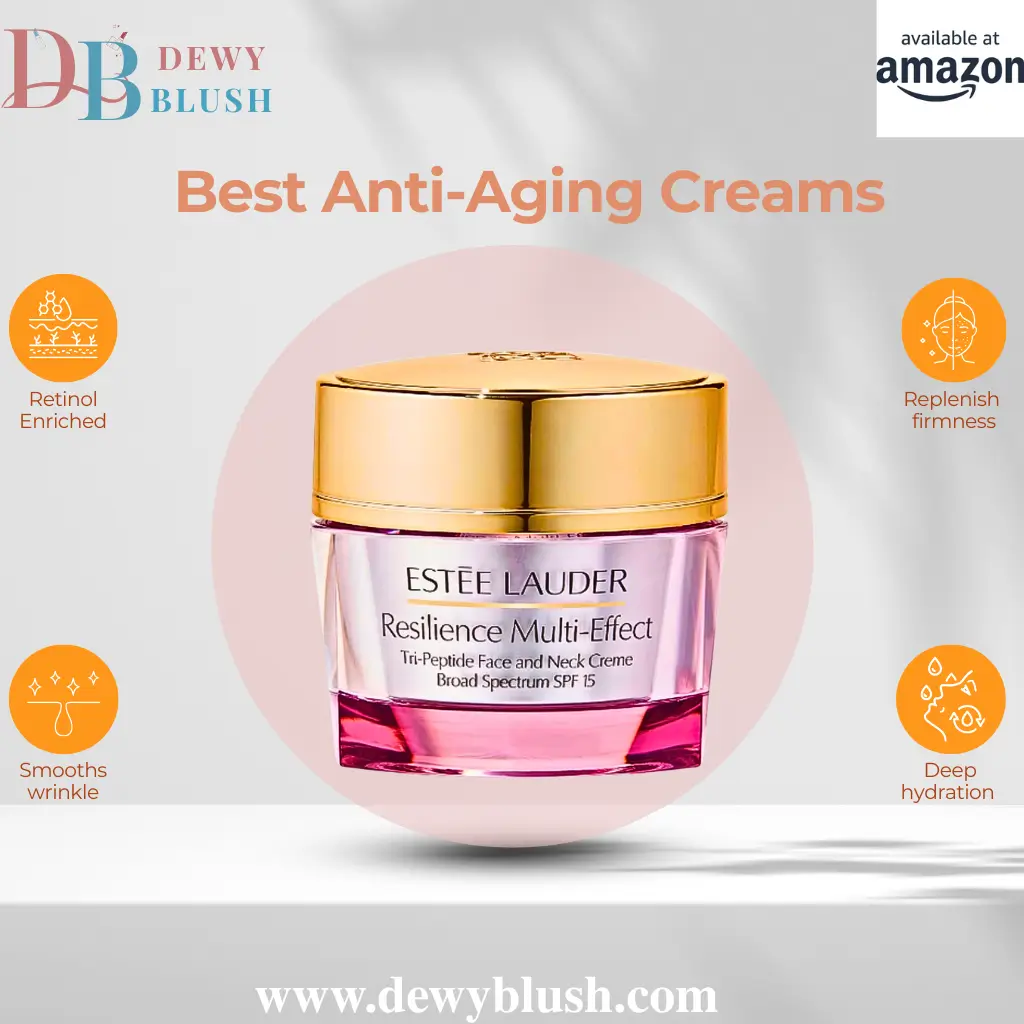 Estee Lauder Resilience Multi-Effect Tri-Peptide Face and Neck Creme by Dewy Blush, featuring Retinol Enriched, Smooths Wrinkles, Replenish Firmness, and Deep Hydration, available on Amazon.