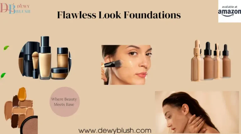 Flawless Look with the Perfect Foundation - Discover DewyBlush foundation products, including liquid, cream, and dropper bottles, being applied with a brush for a smooth finish. Available at Amazon.