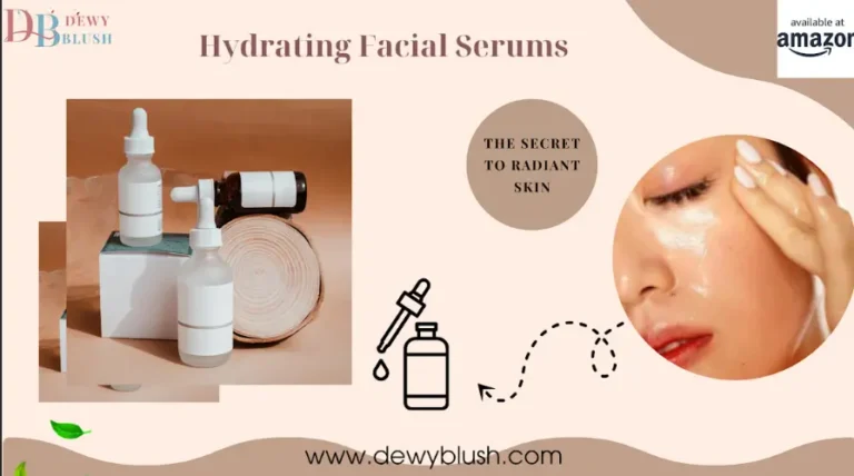Hydrating Facials for Radiant Youthful Skin - Dewy Blush serums with dropper bottles on a natural background, promoting radiant skin care, available at Amazon.