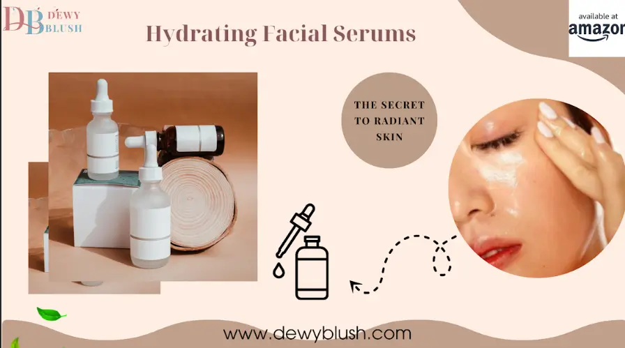 Hydrating Facials for Radiant Youthful Skin: Unlock Shine 6 Hydrating Facials for Radiant Youthful Skin - Dewy Blush serums with dropper bottles on a natural background, promoting radiant skin care, available at Amazon.