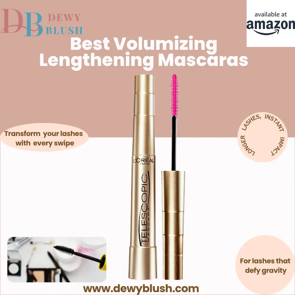 Dewy Blush featuring L'Oréal Paris Telescopic Mascara, enhancing lashes instantly, available on Amazon.