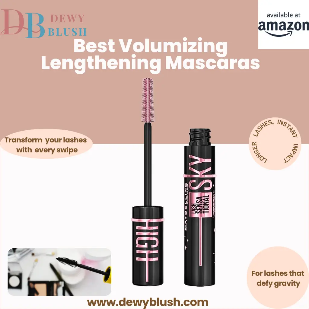 Dewy Blush featuring Maybelline Sensational Sky High and High Impact mascaras, enhancing lashes instantly, available on Amazon