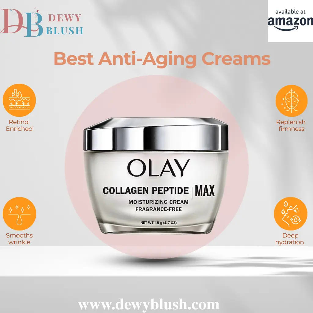 Olay Collagen Peptide Max Moisturizing Cream by Dewy Blush, featuring Retinol Enriched, Smooths Wrinkles, Replenish Firmness, and Deep Hydration, available on Amazon.