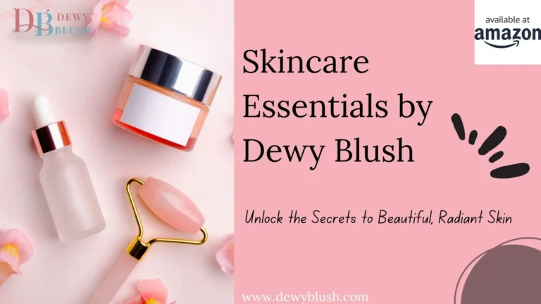 Ultimate Guide To Facial Serums - Skincare Essentials by Dewy Blush featuring facial serum bottle, jade roller, and pink flowers, available on Amazon.